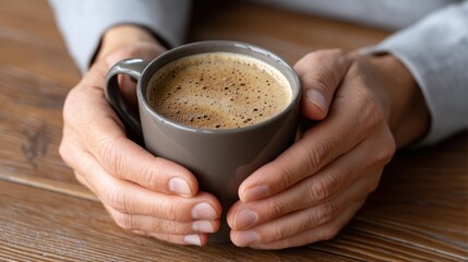Hands Holding a Warm Cup of Coffee on Wooden Table