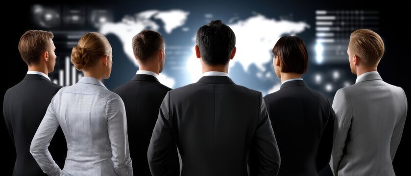 Business Team Analyzing Global Data on Digital Screen