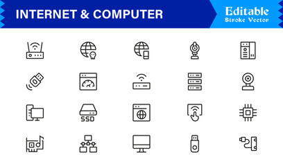Modern Internet and Computer Icon Set in Vector Line Style Featuring Network, Cloud, and Technology Symbols