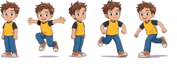 Cartoon boy character, walking and jumping poses, kids movement illustration, playful child design, vector art, active children, cute style © Jisan World