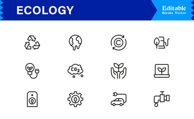 Ecology and Environment Outline Icon Set – Minimal Linear Eco Symbols for Sustainability, Recycling, Renewable Energy, and Green Planet Conservation Vector Collection