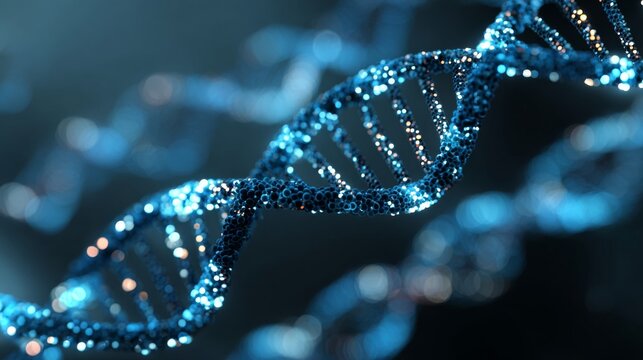 Futuristic biotechnology digital interface with dna strands, molecular structures, and scientific data visualization on high-tech blue background for advanced research and genetic engineering concepts