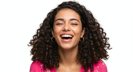 Young hispanic woman with curly hair in pink blouse, laughing joyfully, isolated on white background. Generative AI