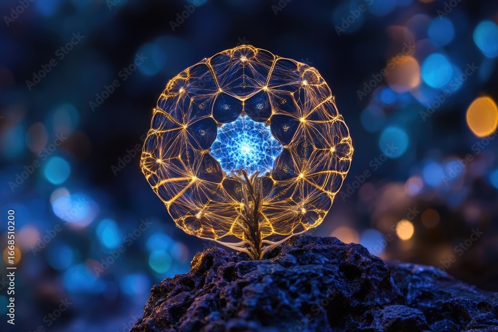 Poster a luminous dandelion seed head glows with intricate golden veins against a bokeh backdrop of blues a