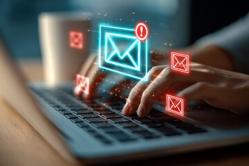 Hands Typing with Glowing Email Notifications