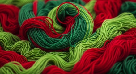 Twisted, swirling, messy pile of red and green yarn, background pattern