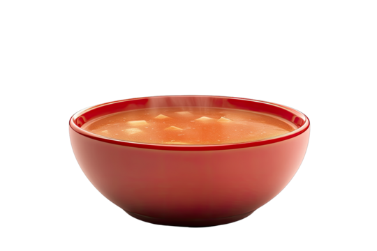 Red bowl of steaming soup