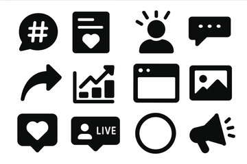 Social Media Icons. Solid style icons of social media content: hashtag bubble, post with heart, influencer icon, comment section,
