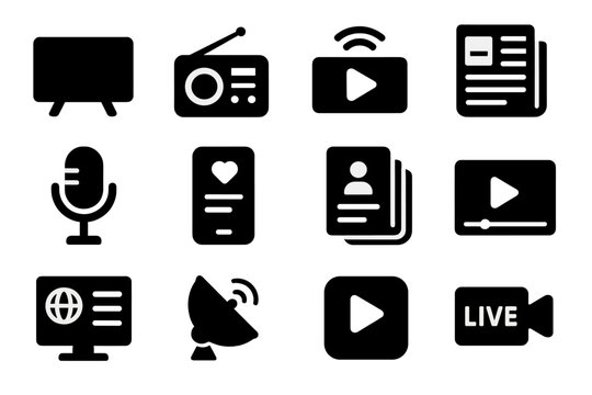 Media Icons Collection. Solid style icons of media channels: television screen, radio with antenna, online streaming icon, - Powered by Adobe