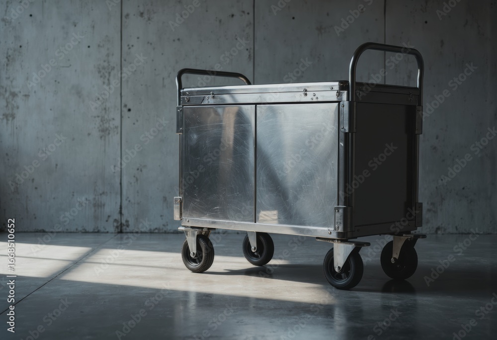 Poster housekeeping trolley with closed lids and secure straps in a modern setting