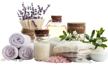 Spa treatment relaxation bath salts lavender towels
