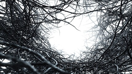 a complex labyrinth of tangled, dark branches and roots, creating an abstract and mysterious space.