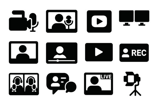 Podcast Icon Set. Solid style icons of video podcasts and vodcasts: camera with mic icon, video episode frame, YouTube podcast