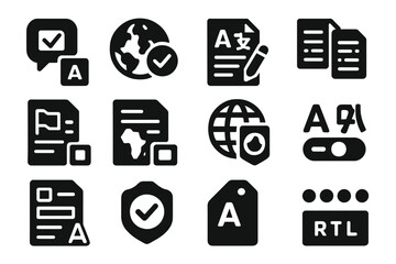 Multilingual Survey Icons. Solid style icons of multilingual surveys: language selector, globe icon, translated form, bilingual