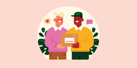 A heartwarming illustration capturing a moment of exchange between two individuals, one receiving a parcel, symbolizing community and connection. A modern.