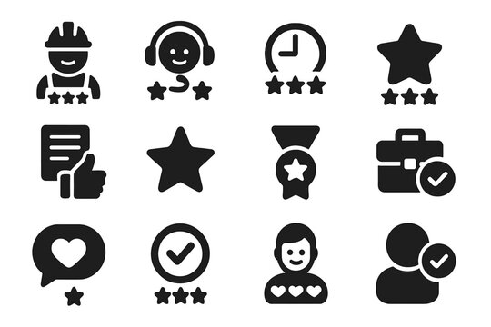 Service Rating Icons. Solid style icons of service ratings: technician rating, support satisfaction, punctuality score, resolution
