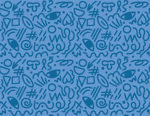 Blue vector pattern with quirky shapes, lines, eyes, hearts. Creative abstract design, unique repetitive graphic wallpaper