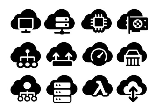 Cloud Computing Icons. Solid style icons of cloud computing: virtual machine icon, compute node, CPU in cloud, GPU cloud icon,