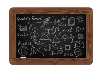 A blackboard covered in mathematical equations, geometric shapes, and scientific diagrams, representing education and learning