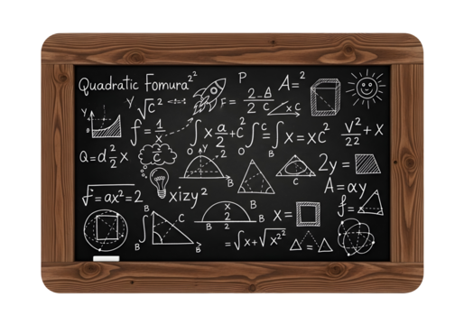 A blackboard covered in mathematical equations, geometric shapes, and scientific diagrams, representing education and learning