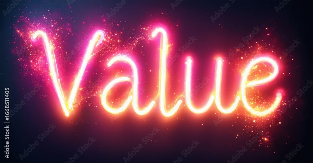Poster bright pink neon text spells value against dark purple background. sparkles add visual interest, cre