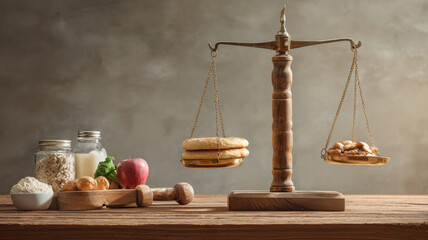 Healthy eating choices: a balanced lifestyle concept shown on a scale with cookie and healthy food options. The image evokes a sense of balance and consideration in dietary choices