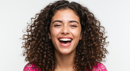 Young hispanic woman with curly hair in pink blouse, laughing joyfully, isolated on white background. Generative AI