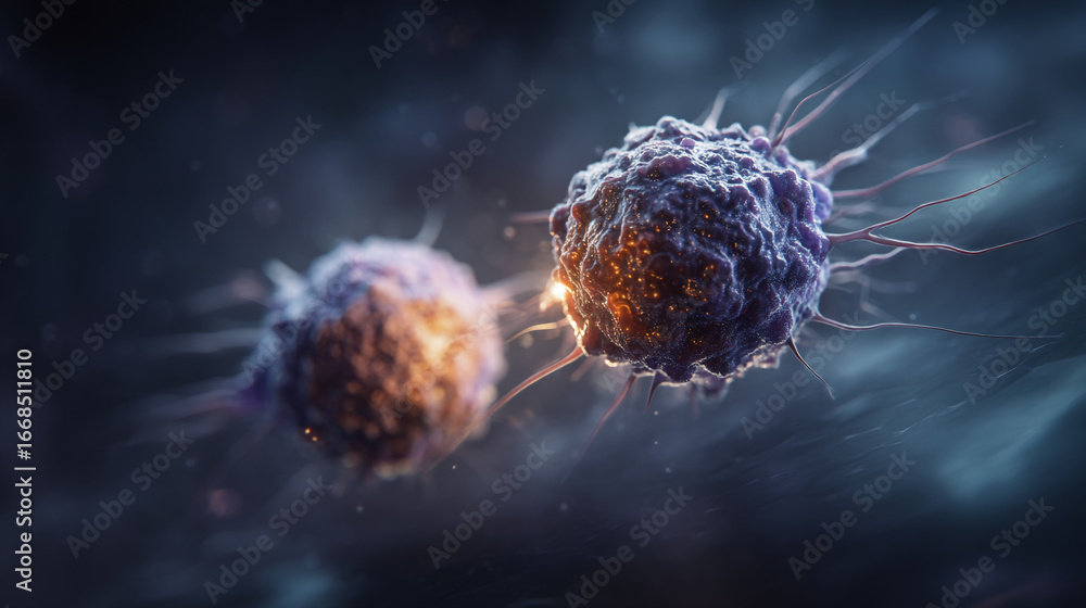 Poster close up view of two cells showing cellular structure and processes in a dark background