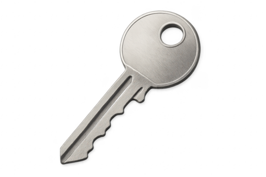 Silver metal key isolated on transparent background