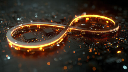 Abstract rendering of an infinity symbol with circuit board and processors. Illuminated by an orange glow