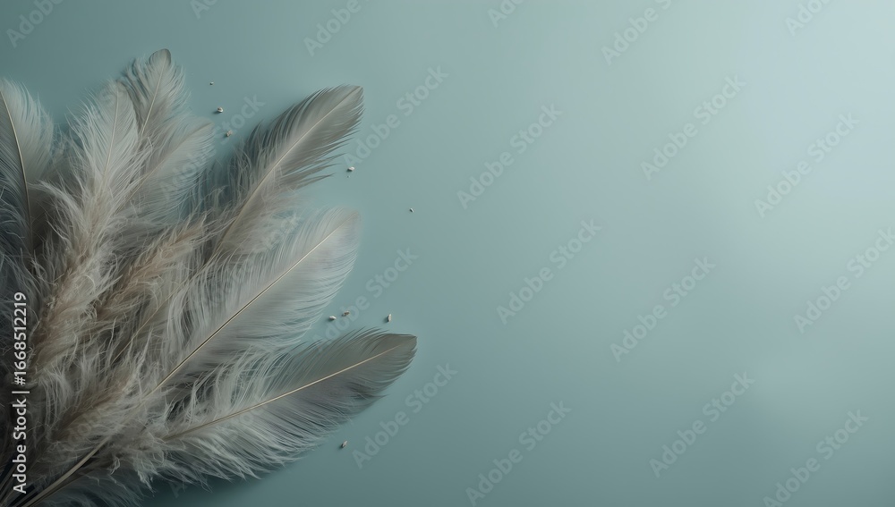 Poster a soft feather with water droplets on a serene background, creating a tranquil and minimalist compos