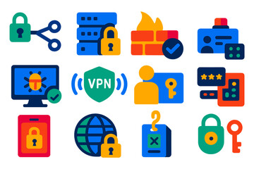 Cybersecurity Elements Icons. Flat vector icons of Cybersecurity Network Elements: encrypted connection, secure server, firewall