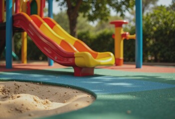 Colorful children's playground featuring a slide, stairs, and sandbox area