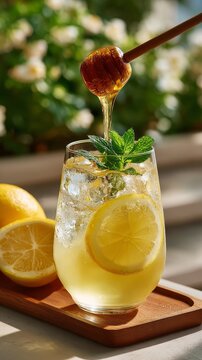 Pouring golden honey over fresh lemonade in a tall glass with lemon slice, hydrocarbonate detail and fresh apple mint garnish, highlighting sweetness, freshness, and summer beverage concept