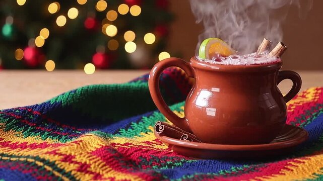 Traditional Mexican holiday beverage on vibrantly colored blanket with festive tree in the rear