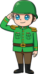 Cartoon boy soldier saluting in green army uniform, military costume character, patriotic kid, cute armed forces illustration, children’s hero concept