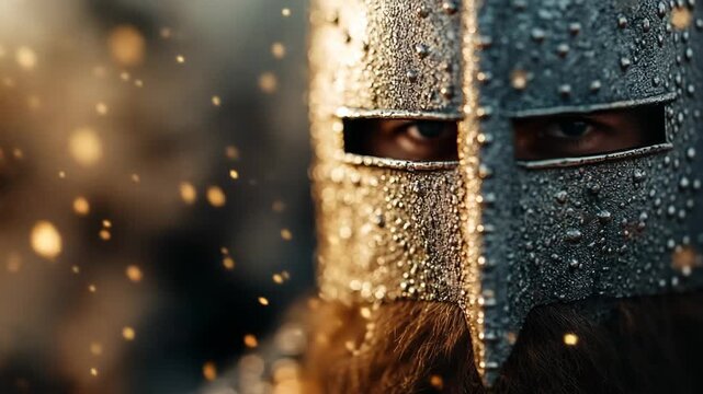 A dramatic close-up video of a Viking warrior's intense eyes in a metal helmet, a portrait of historic strength and courage, ideal for fantasy films, documentaries, and game animations.