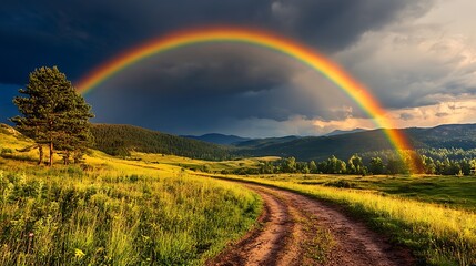 Fototapeta premium Mountain Path Under a Vibrant Rainbow After the Storm, Leading to Distant Peaks