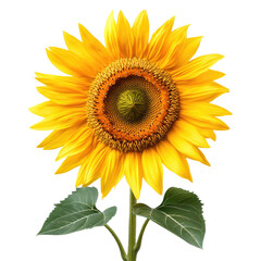 Obraz premium Bright yellow sunflower with green leaves isolated on transparent background