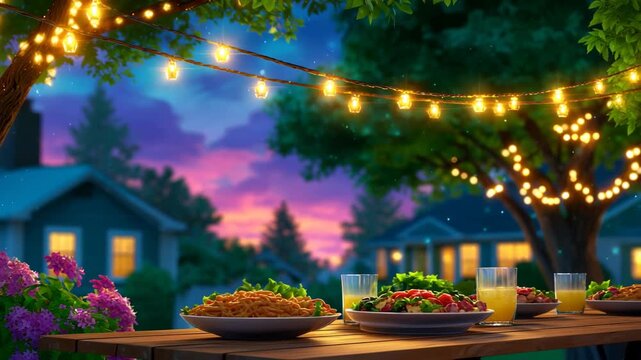 A magical animated background video of a charming backyard dinner party in a cozy neighborhood at twilight.