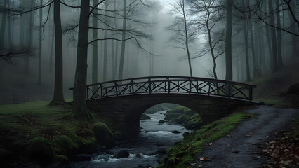 mysterious bridge over a stream in the forest, moody atmosphere