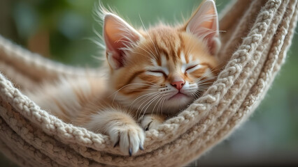 Cute kitten resting in a hammock
