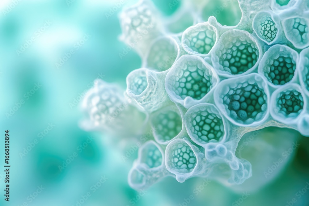 Poster microscopic view of intricate, interconnected cellular structures resembling a honeycomb or coral, t
