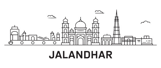Obraz premium Jalandhar Line Art skyline with India, outline, and travel. with white background