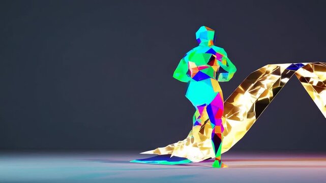 concept of victory or accomplished goal, graphic representation of geometric low poly athlete in motion