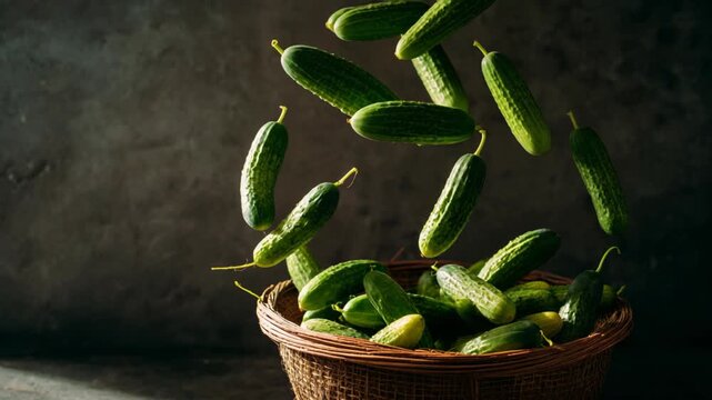 Fresh Green Cucumbers Falling Midair Into Rustic Basket With Dramatic Light And Dark Background