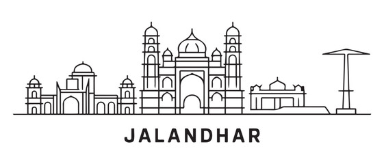 Fototapeta premium Jalandhar Line Art skyline with India, outline, and travel. with white background
