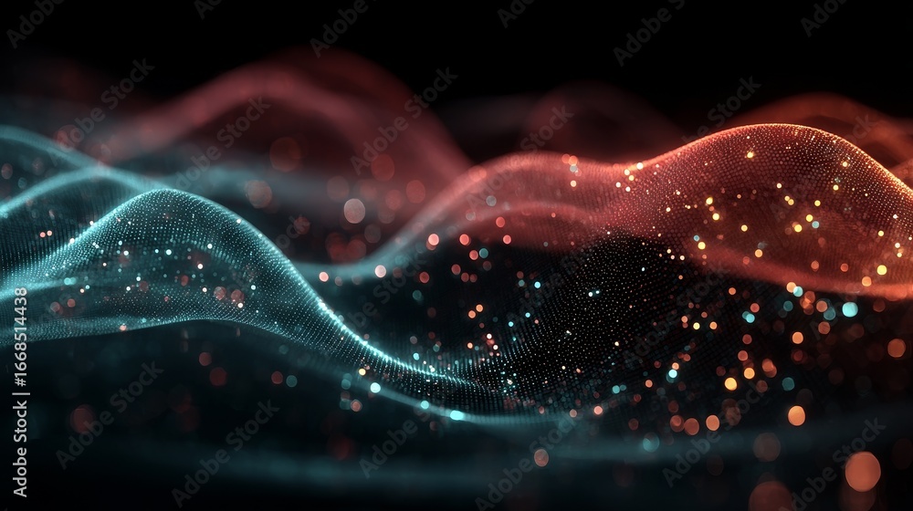 Poster smooth cinematic animation of glowing holographic data visualizations with red and blue luminous par