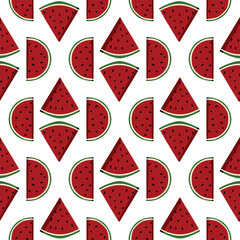 Seamless watermelon slice pattern illustration with red, white, and green colors, isolated on transparent background. Perfect for summer design, food packaging, textile, wallpaper, and decoration.
