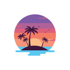 a colorful illustration of a tropical island with palm trees at sunset